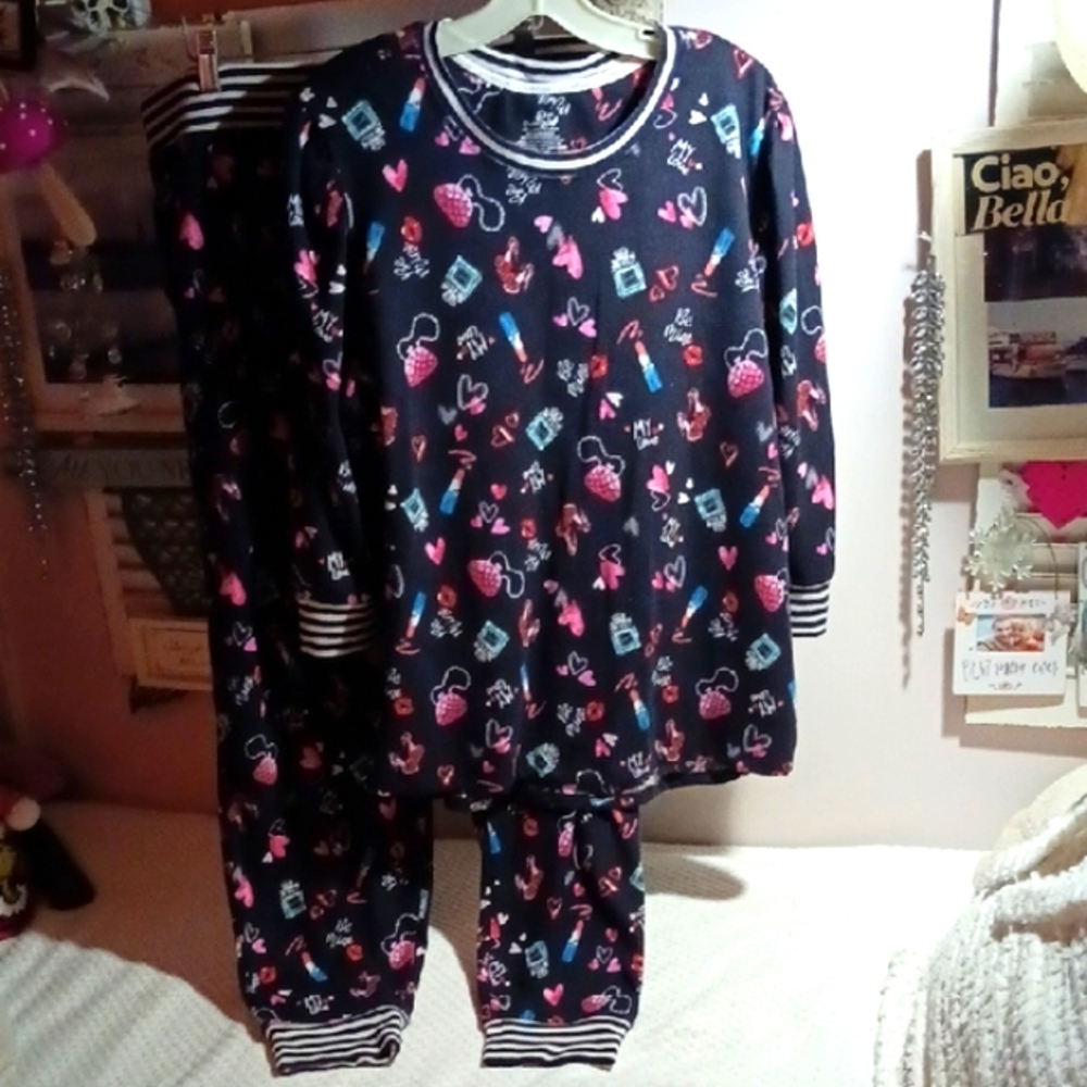 Stunning Cuddl Duds Pajama Set - Black with Pink and Blue Accents 💋💕💄👠👛👡👜